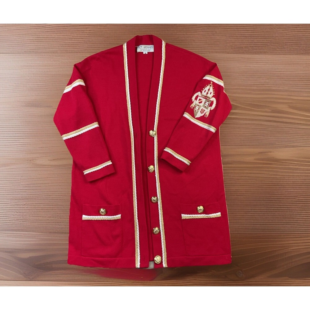 Vintage St. John Marie Gray Cardigan Women Sz M Red Santana Knit Gold Buttons